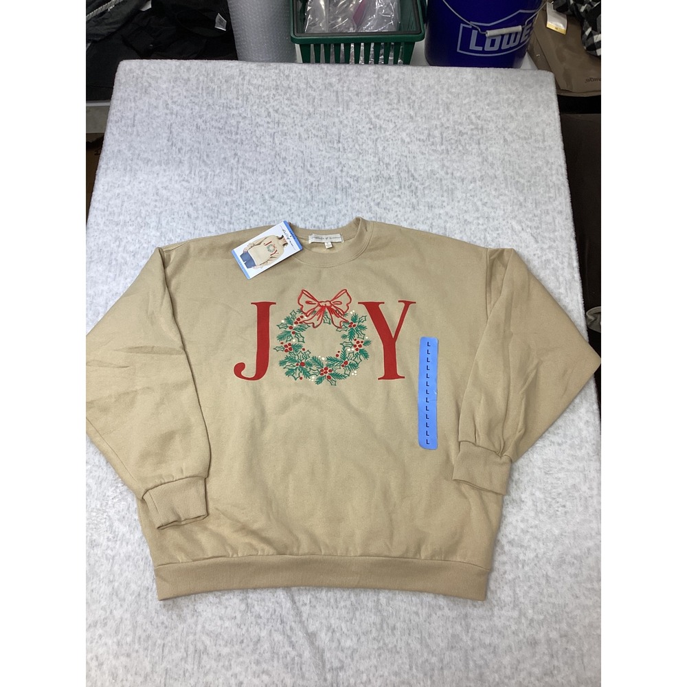State of Mine Womens Joy Christmas Wreath Graphic Sweatshirt Tan Beige Large NWT